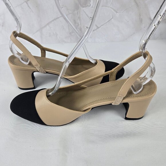 Unbranded Sz 39(US 8.5) Cream Slingback Heels Black Toe Cap Almond Toe - Picture 6 of 10